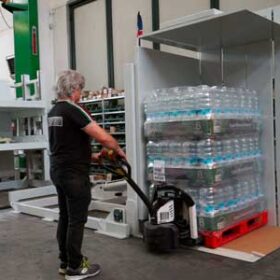 pallet upender with water bottles