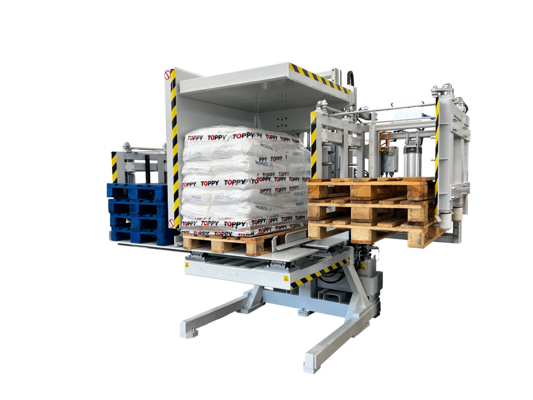 Pallet inverter machine at a warehouse, turning pallets for easy and safe handling