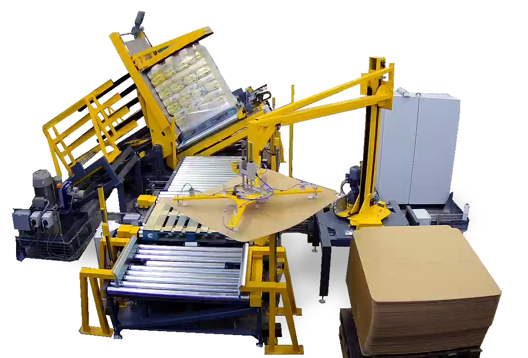 Automated slip sheet to pallet transfer system in operation.