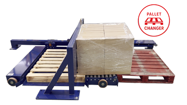 EAGLE MOVER stationary pallet changer handling palletized carton boxes in industrial environment