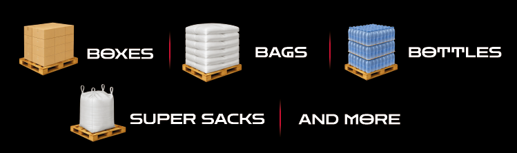 Pallet changer handling boxes, bags, bottles and super sacks on pallets in industrial environment